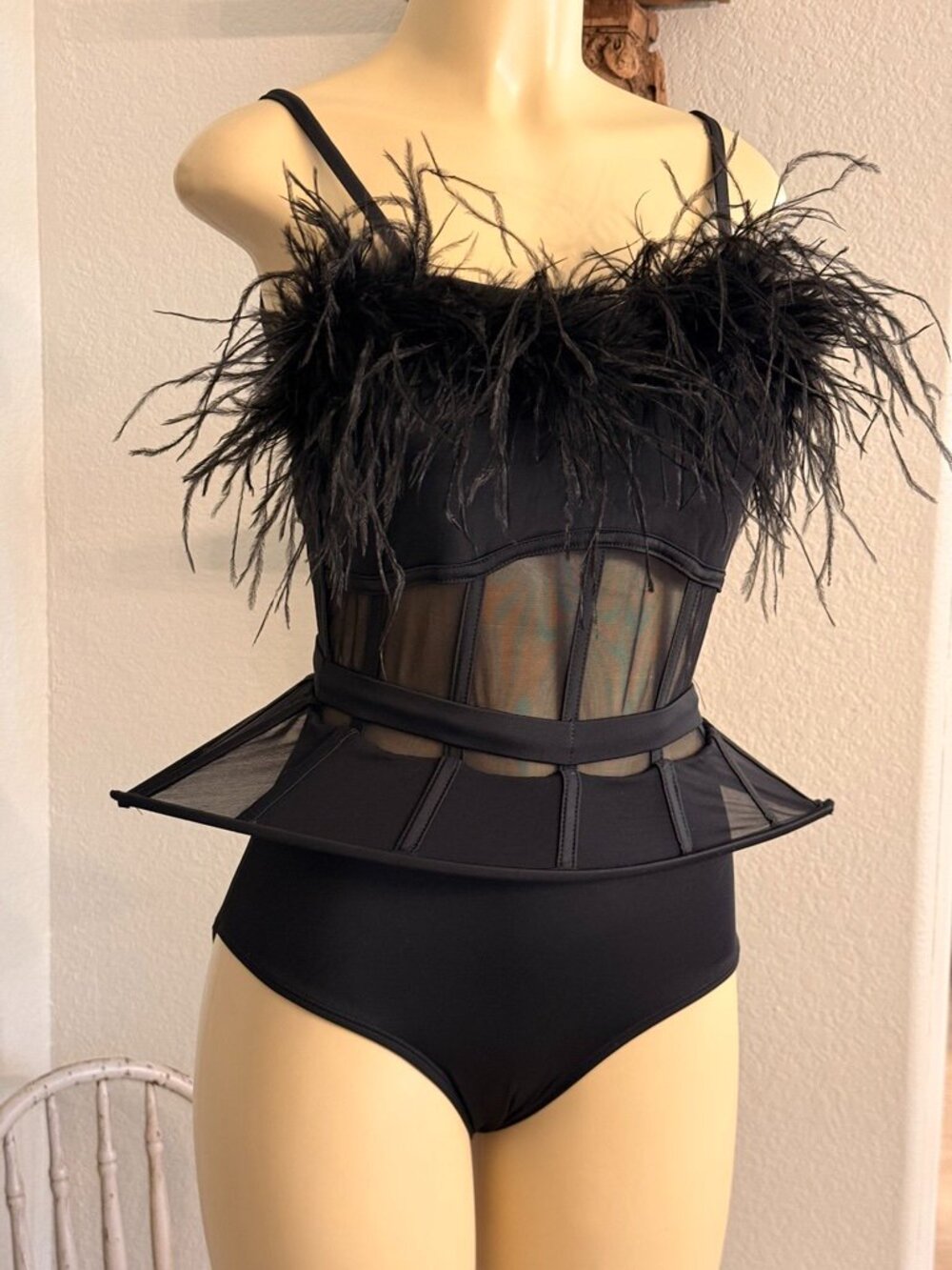 !0th House Spandex&Sheer Mesh Leotard w/boned bodice&Sheer Mesh Peplum